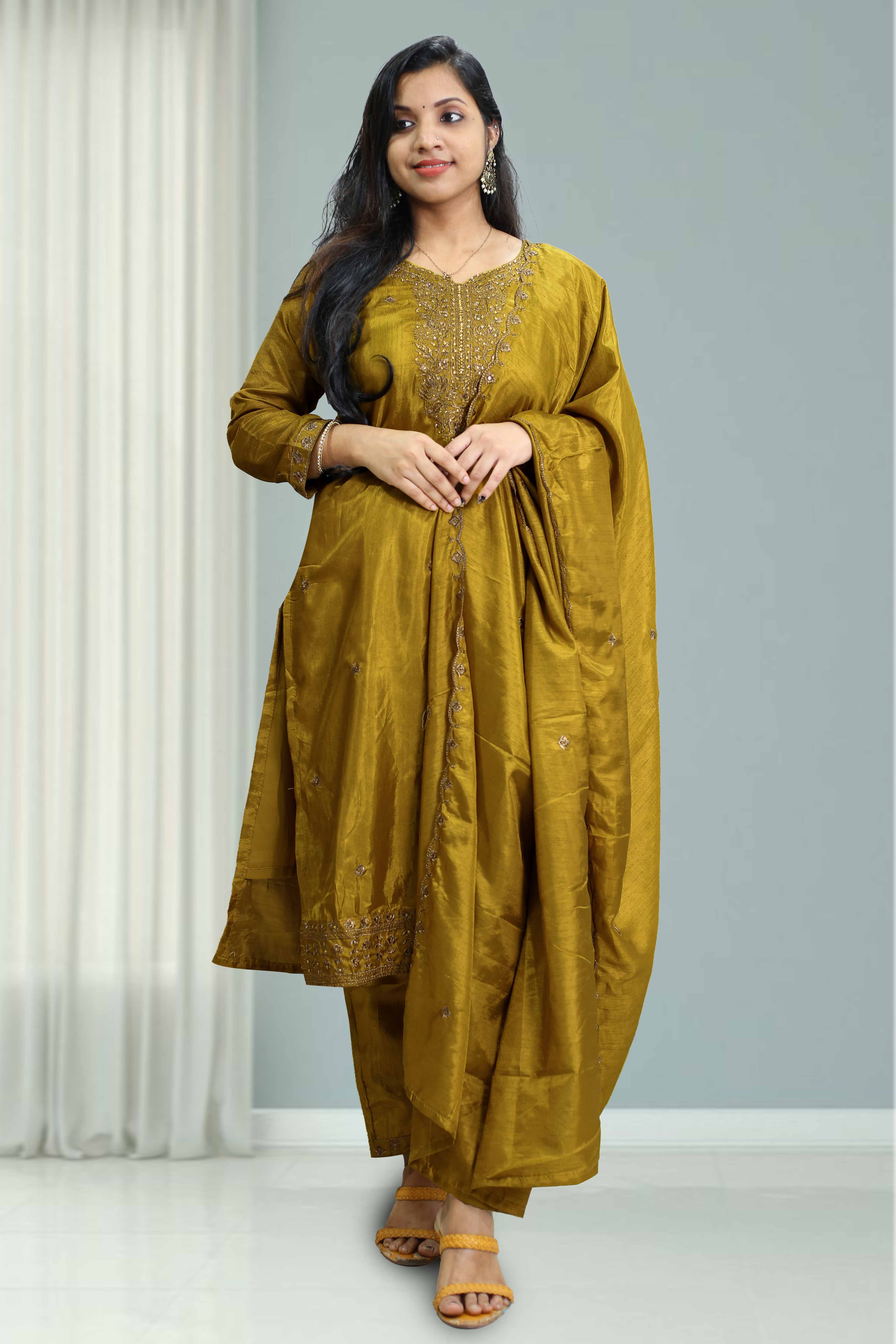 Silk Churidar with Stone Work – Leaf Neck Design