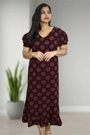 Ajarak Print Cotton Night Dress – V Neck & Puff Sleeve