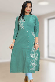 Floral Thread Collar-Neck Straight Kurti For Women