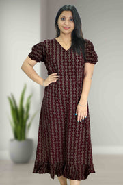 Ajarak Print Cotton Night Dress โ V Neck & Puff Sleeve