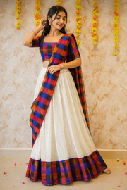 Madrasi Check Banarasi Silk Dhavani Set