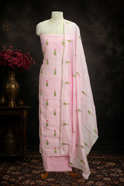 Floral Embroidered Silk Unstitched Churidar Material Set with Scalloped Dupatta