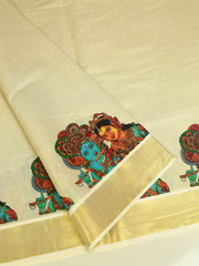 Kerala Set Running Material - Golden Tissue with Floral Print & Golden Border - 176/-