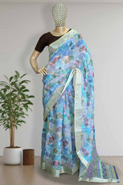 Linen Touch Saree with Floral Print & Silver Border