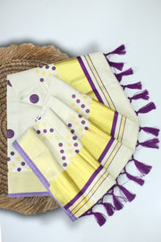Kerala Set Saree – Dot Print with Golden Kasavu & Tassels