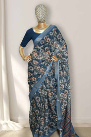 Linen Touch Saree with Floral Print & Silver Border