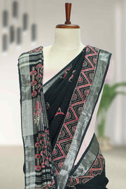 Varanasi Cotton Linen Saree with Floral Print