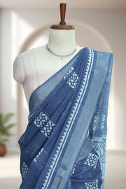 Linen Saree with Batik Design & Tassel Finish