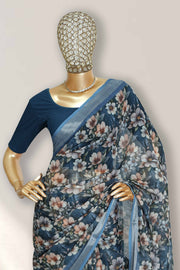 Linen Touch Saree with Floral Print & Silver Border