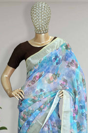 Linen Touch Saree with Floral Print & Silver Border