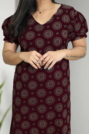 Ajarak Print Cotton Night Dress – V Neck & Puff Sleeve