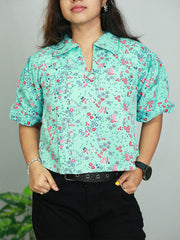 Elegant Breeze: Women's Chiffon Short Top with Round Neck and Puff Sleeves - Only ₹279!