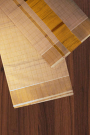 Kerala Set Saree – Check Lines with Golden Kasavu Border