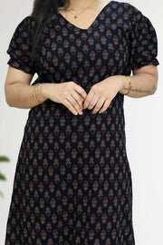 Ajarak Print Cotton Night Dress – V Neck & Puff Sleeve