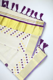 Kerala Set Saree – Dot Print with Golden Kasavu & Tassels