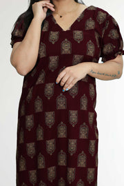 Ajarak Print Cotton Night Dress – V Neck & Puff Sleeve