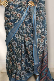 Linen Touch Saree with Floral Print & Silver Border