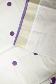 Kerala Set Saree – Dot Print with Golden Kasavu & Tassels