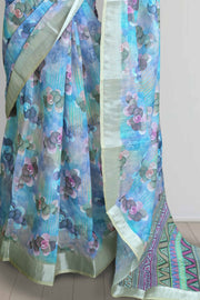 Linen Touch Saree with Floral Print & Silver Border