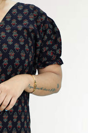 Ajarak Print Cotton Night Dress – V Neck & Puff Sleeve