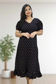Ajarak Print Cotton Night Dress – V Neck & Puff Sleeve