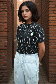Loopknit Crop Short Top with Printed Design
