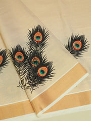 Kerala Set Running Material - Tissue with Peacock Peel Design and Border