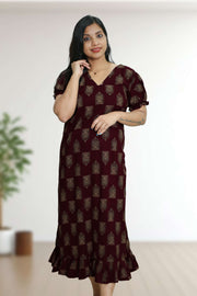 Ajarak Print Cotton Night Dress – V Neck & Puff Sleeve