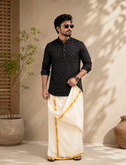 Paul Berg Men’s Short Kurta – Golden Print Work