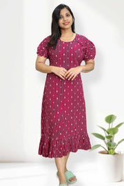 Cotton Night Dress with Print & Puff Sleeves