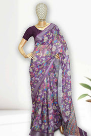 Linen Touch Saree with Floral Print & Silver Border