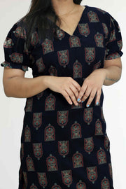 Ajarak Print Cotton Night Dress – V Neck & Puff Sleeve