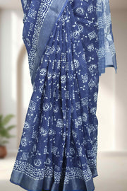 Linen Saree with Batik Design & Tassel Finish