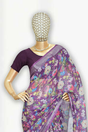 Linen Touch Saree with Floral Print & Silver Border