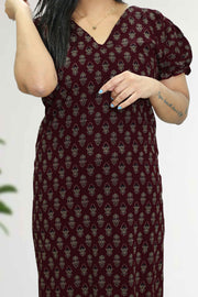 Ajarak Print Cotton Night Dress – V Neck & Puff Sleeve