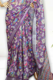 Linen Touch Saree with Floral Print & Silver Border