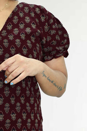 Ajarak Print Cotton Night Dress – V Neck & Puff Sleeve