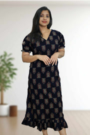 Ajarak Print Cotton Night Dress – V Neck & Puff Sleeve