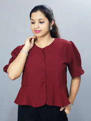 Chic and Comfortable: Women's Short Top in Popcorn Material with Round Neck and Puff Sleeve - Only ₹490