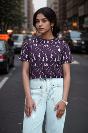 Loopknit Crop Short Top with Printed Design