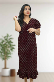 Ajarak Print Cotton Night Dress – V Neck & Puff Sleeve