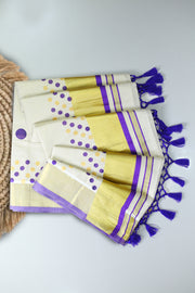 Kerala Set Saree – Dot Print with Golden Kasavu & Tassels