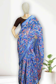 Linen Touch Saree with Floral Print & Silver Border