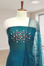Silk Churidar Material with Floral Thread Embroidery