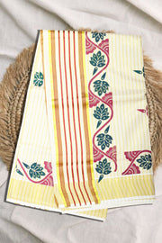 Kerala Set Saree – Lines with Golden Kasavu Border