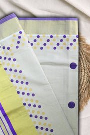 Kerala Set Saree – Dot Print with Golden Kasavu & Tassels