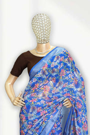 Linen Touch Saree with Floral Print & Silver Border