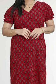 Ajarak Print Cotton Night Dress – V Neck & Puff Sleeve