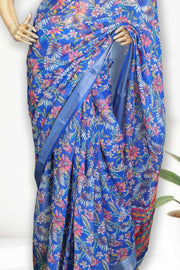 Linen Touch Saree with Floral Print & Silver Border