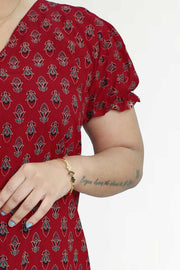 Ajarak Print Cotton Night Dress – V Neck & Puff Sleeve